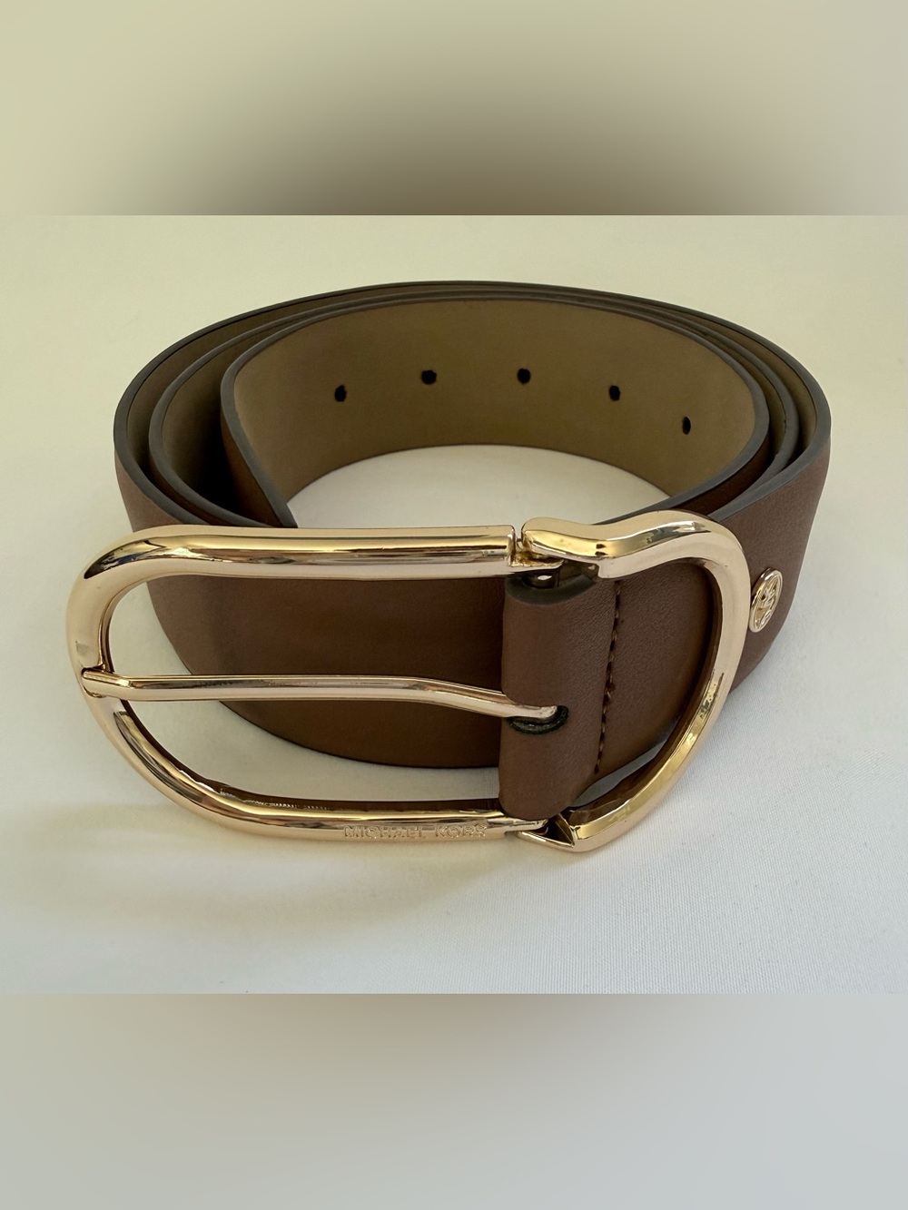 Michael Kors Brown Genuine Leather Gold Oval Buckle Belt Size L